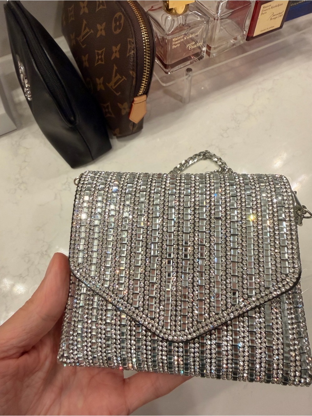 Crystal-Embellished Silver Evening Crossbody Bag